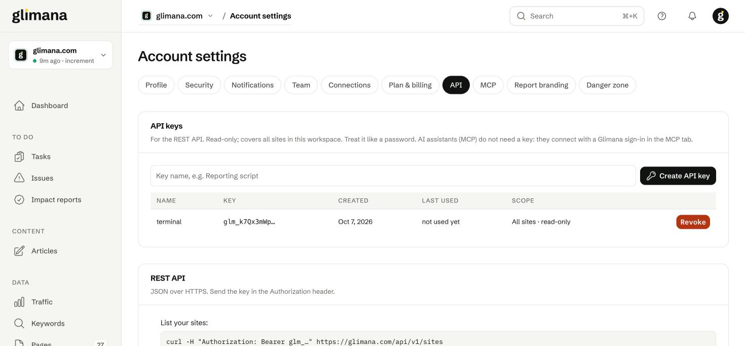 API keys: create one per use, see when it was last used, revoke it.