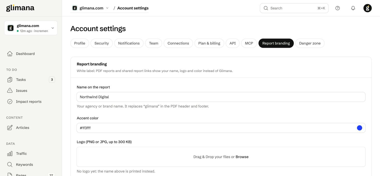 White label: name, accent colour and logo for PDF reports and shared report links.