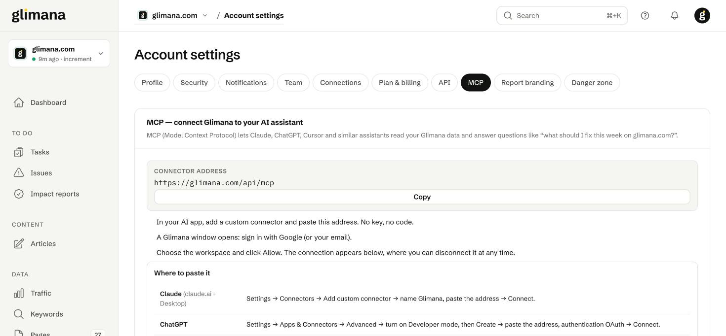 The MCP tab: the connector address, the sign-in flow and where to paste the address in each app.