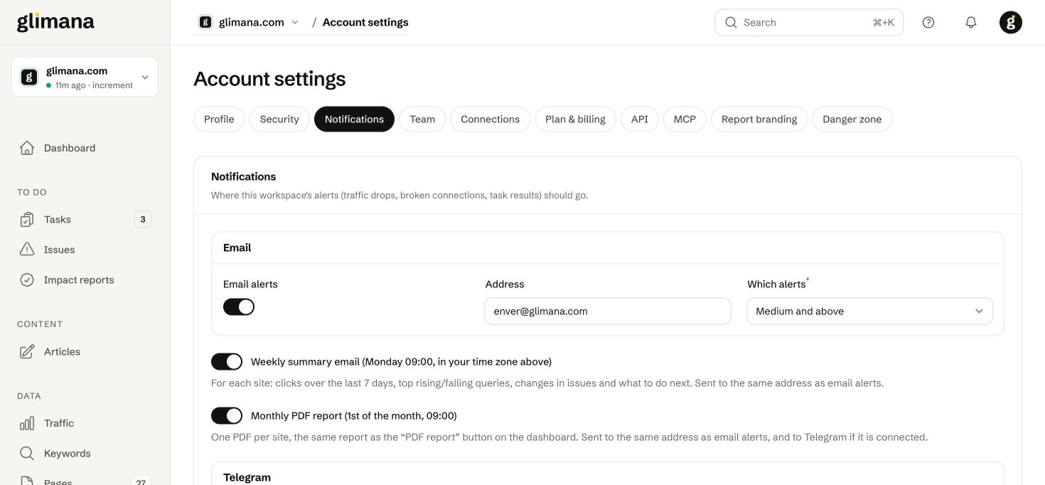 Notification settings: email alerts with a severity threshold, the weekly summary, the monthly PDF and Telegram.