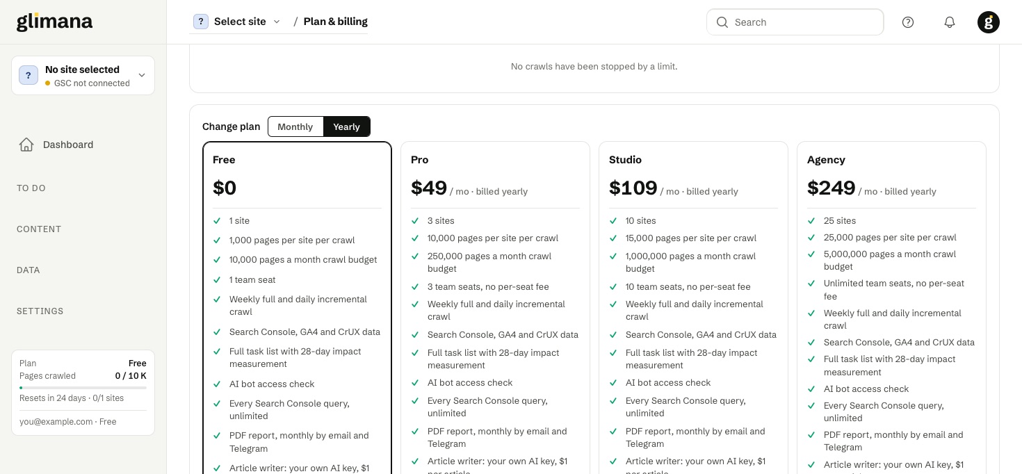 Change plan: the four plan cards with every feature listed, monthly or yearly.