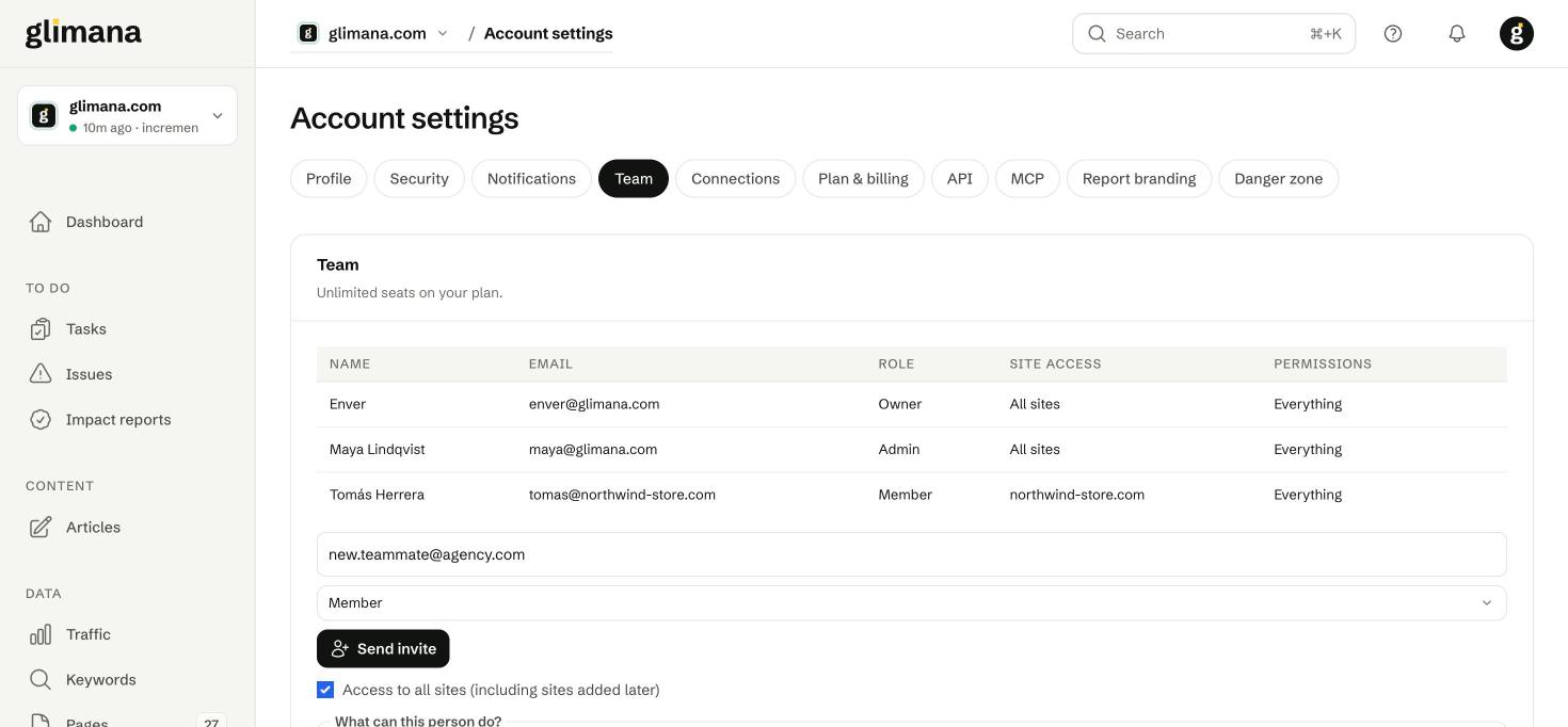 Members with role and site access, and the invite form.