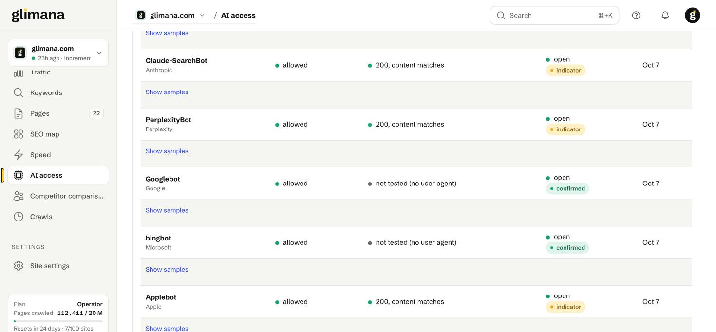 Per-bot rows: robots.txt verdict, live request result, status with evidence level and when it was last seen.