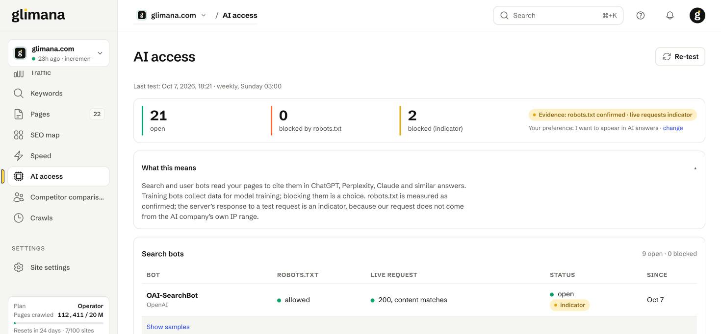 Open, blocked by robots.txt and blocked (indicator) counts, the evidence legend and your preference.
