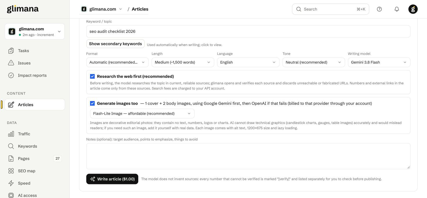 The form: keyword, secondary keywords, format, length, language, tone, model, research and image options.