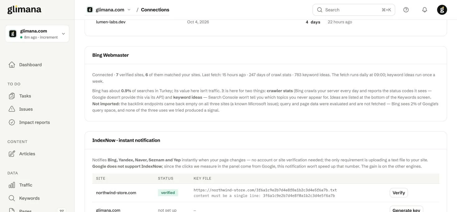 Bing Webmaster durumu ve IndexNow anahtar tablosu.