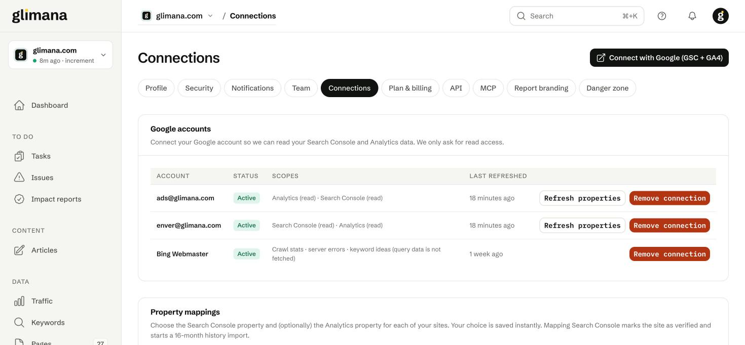 Google accounts in the workspace. Each shows its scopes and when properties were last refreshed.
