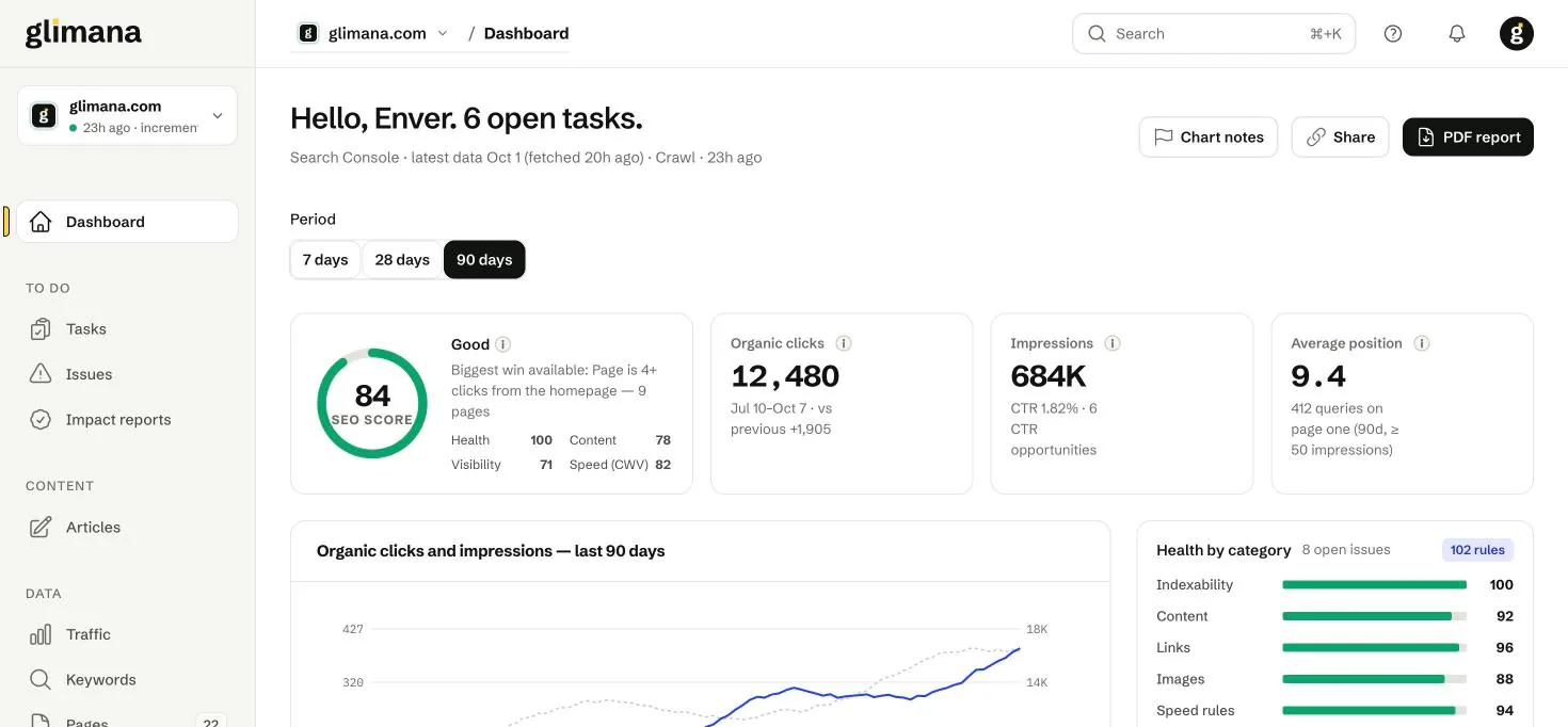 Dönem seçici, SEO skoru kartı ve üç Search Console KPI'ı.