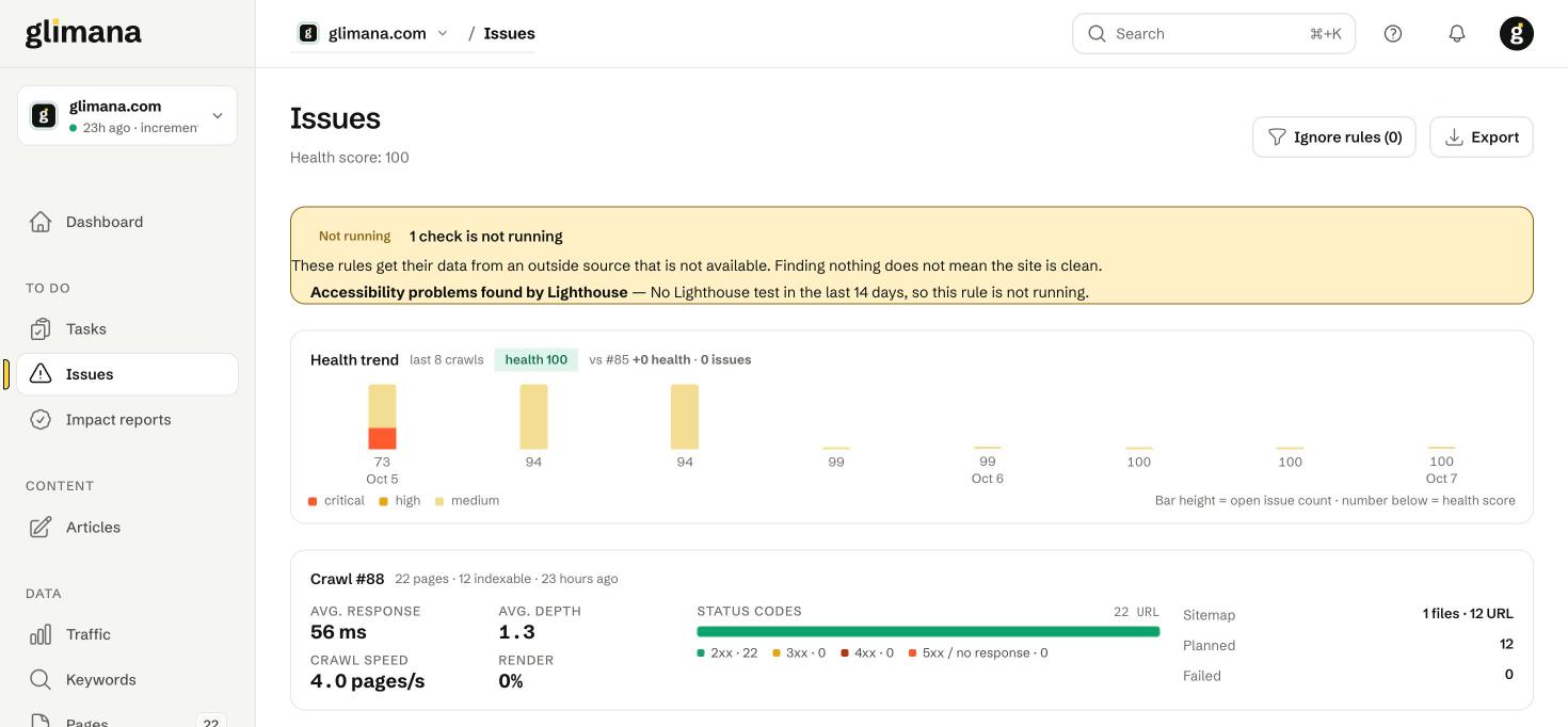 Health trend across the last crawls, the crawl summary and the category tabs.