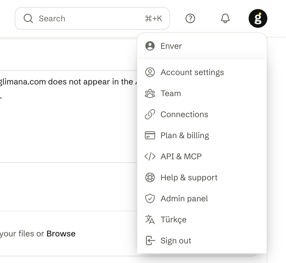The avatar menu: account scope lives here, site scope lives in the sidebar.