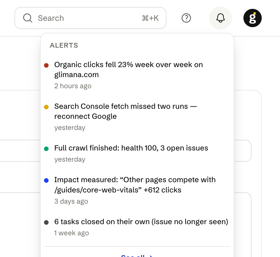 The bell shows the latest alerts for the active site; "See all" opens the full log with a seen/unseen filter.
