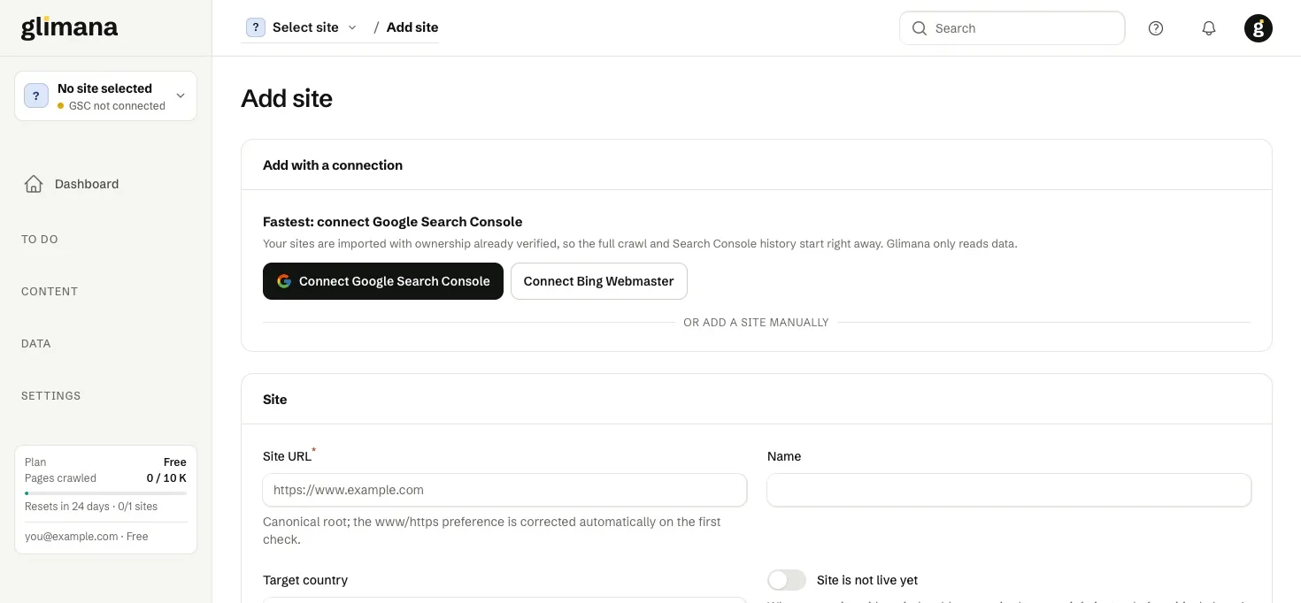 Site ekle: önce Google Search Console'u (ya da Bing'i) bağlayıp bir mülk seçin ya da siteyi aşağıdan elle ekleyin.