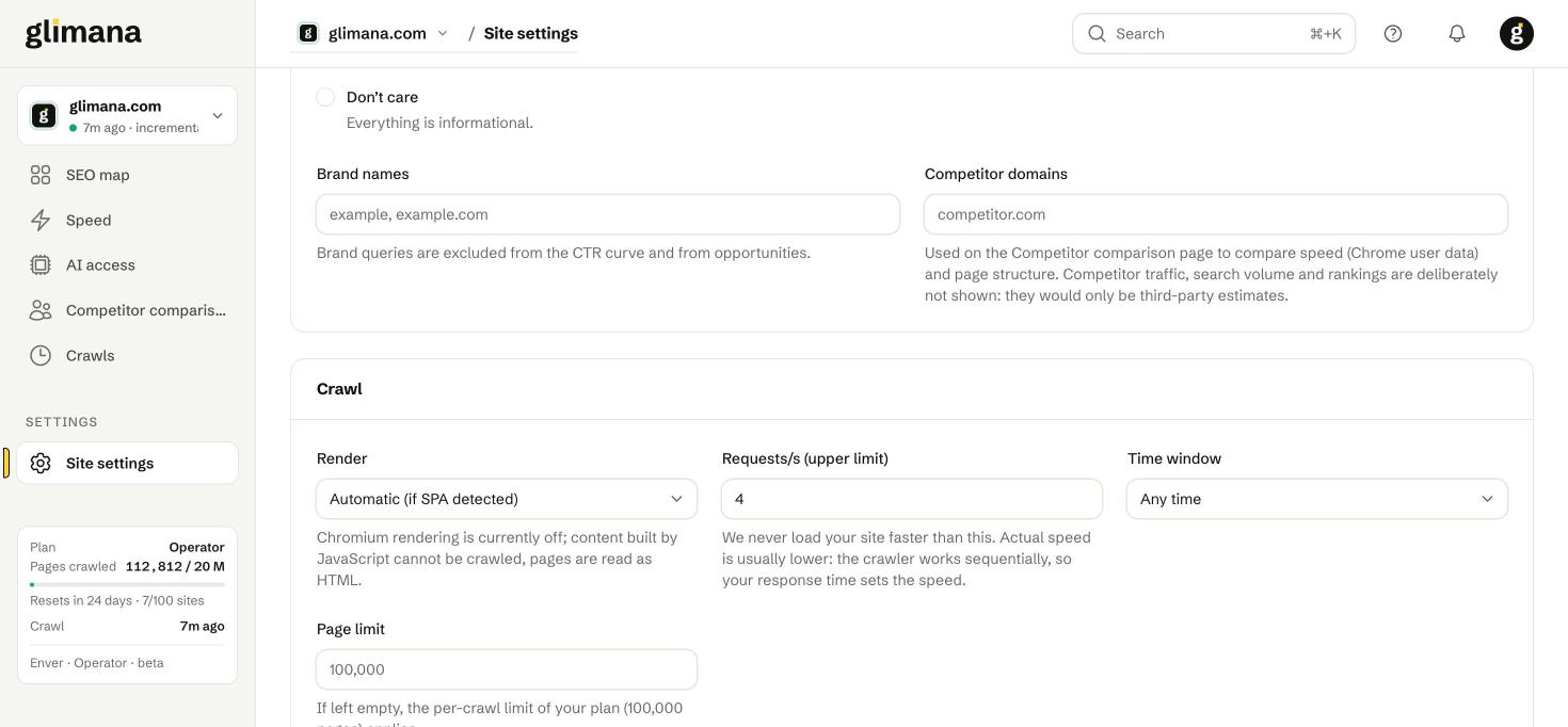 Crawl settings: render mode, request rate, time window, page limit, exclusion patterns and task weights.