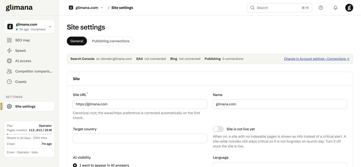 General settings. The summary strip at the top shows which connections this site has; it links to Account › Connections.
