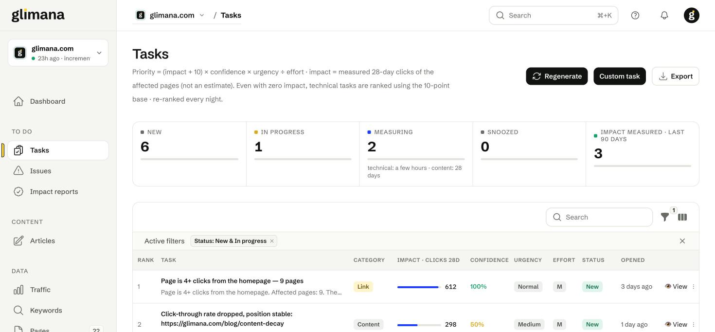 The Tasks page: status counters, filters and the ranked table.